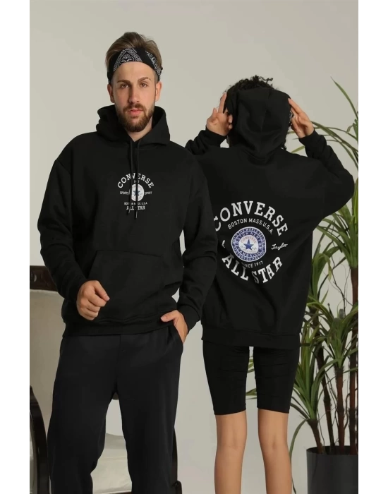 Erkek Sırt Baskılı Oversize Üç İplik Kapüşonlu Hoodie Sweatshirt - Siyah