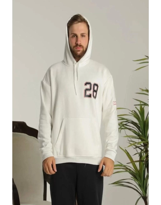 Erkek Sırt Baskılı Oversize Üç İplik Kapüşonlu Sweatshirt - Beyaz