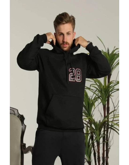 Erkek Sırt Baskılı Oversize Üç İplik Kapüşonlu Sweatshirt - Siyah