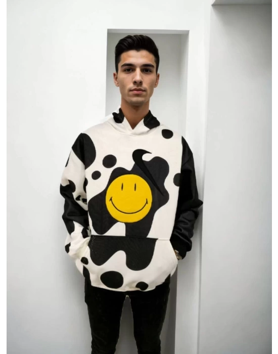 Erkek Smiley Face Kapüşonlu Sweatshirt - Siyah