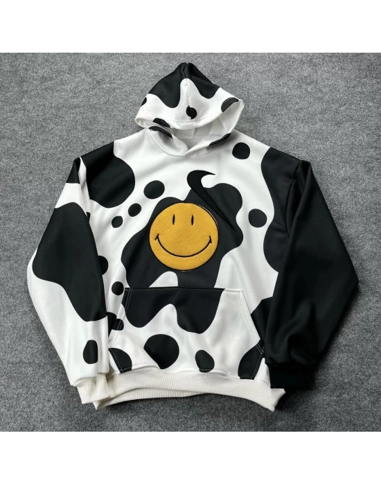 Erkek Smiley Face Kapüşonlu Sweatshirt - Siyah