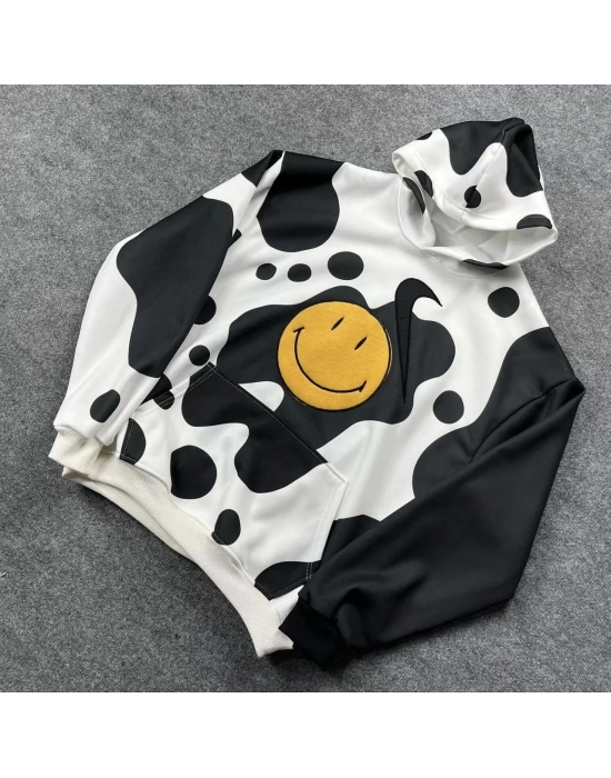 Erkek Smiley Face Kapüşonlu Sweatshirt - Siyah