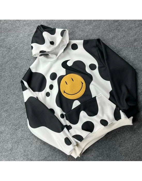 Erkek Smiley Face Kapüşonlu Sweatshirt - Siyah