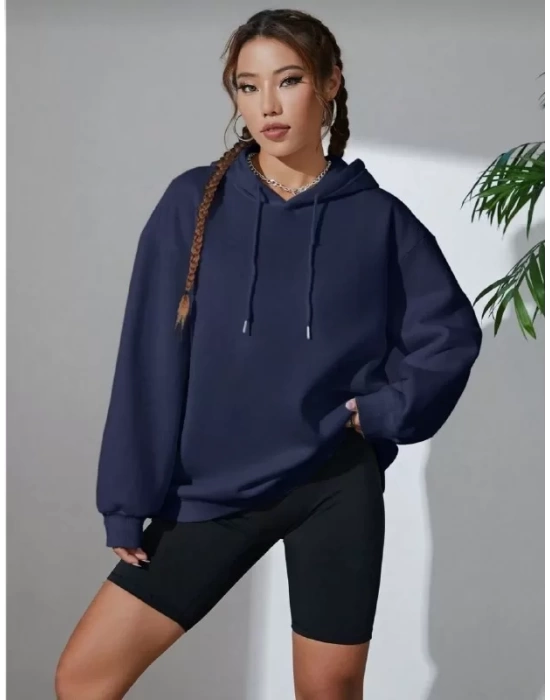 Kadın Uzun Kol Kapşonlu Basic Sweatshirt hoodie - Lacivert