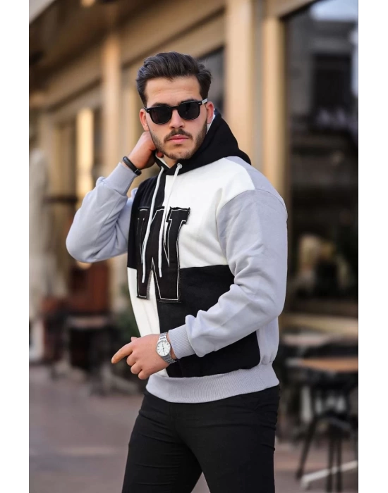 Erkek W Nakış İşlemeli Kapüşonlu Sweatshirt - Siyah