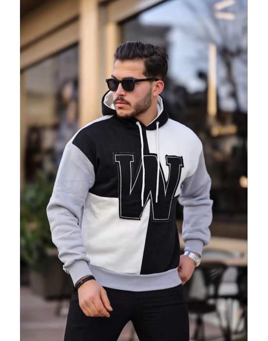 Erkek W Nakış İşlemeli Kapüşonlu Sweatshirt - Siyah