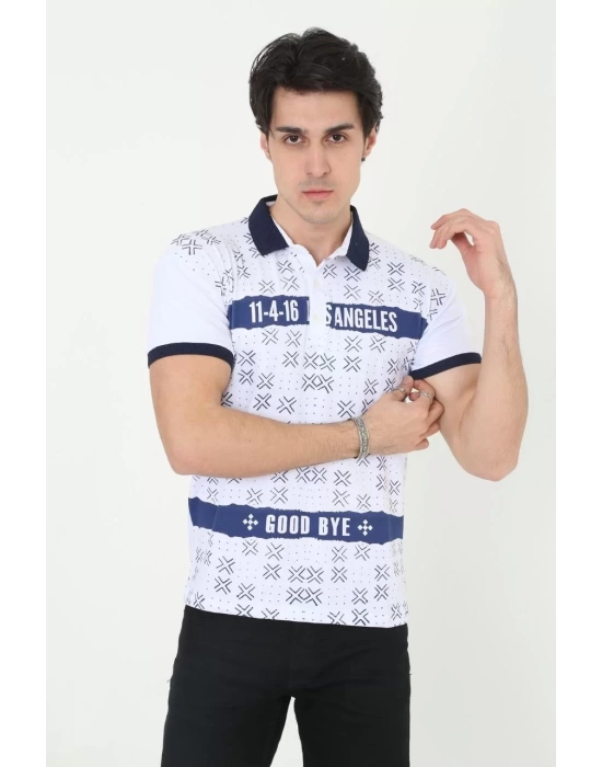 Erkek Yakalı Slim Fit Baskılı T-Shirt - Beyaz