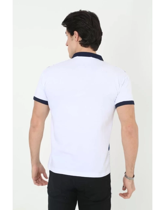 Erkek Yakalı Slim Fit Baskılı T-Shirt - Beyaz