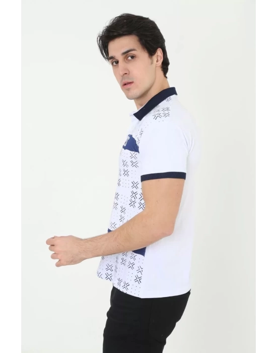 Erkek Yakalı Slim Fit Baskılı T-Shirt - Beyaz