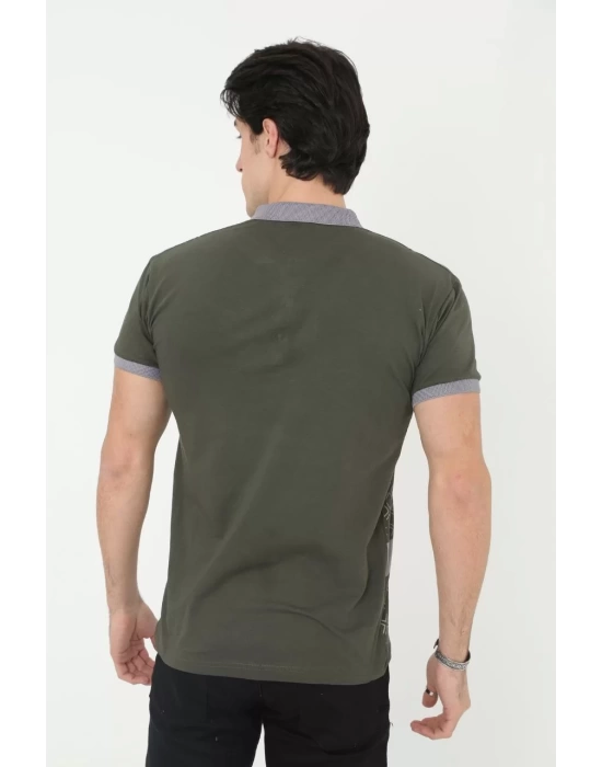 Erkek Yakalı Slim Fit Baskılı T-Shirt - Haki