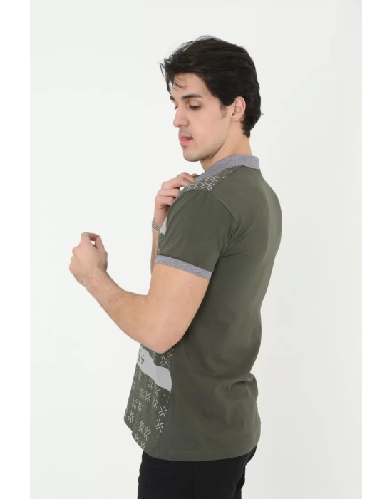 Erkek Yakalı Slim Fit Baskılı T-Shirt - Haki