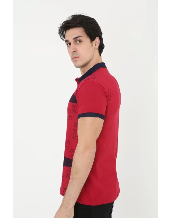 Erkek Yakalı Slim Fit Baskılı T-Shirt - Kırmızı