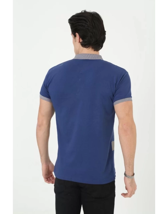 Erkek Yakalı Slim Fit Baskılı T-Shirt - Mavi