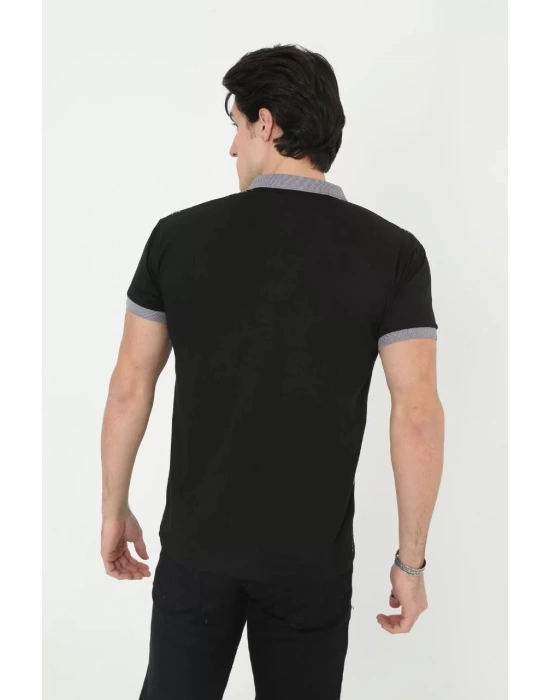 Erkek Yakalı Slim Fit Baskılı T-Shirt - Siyah