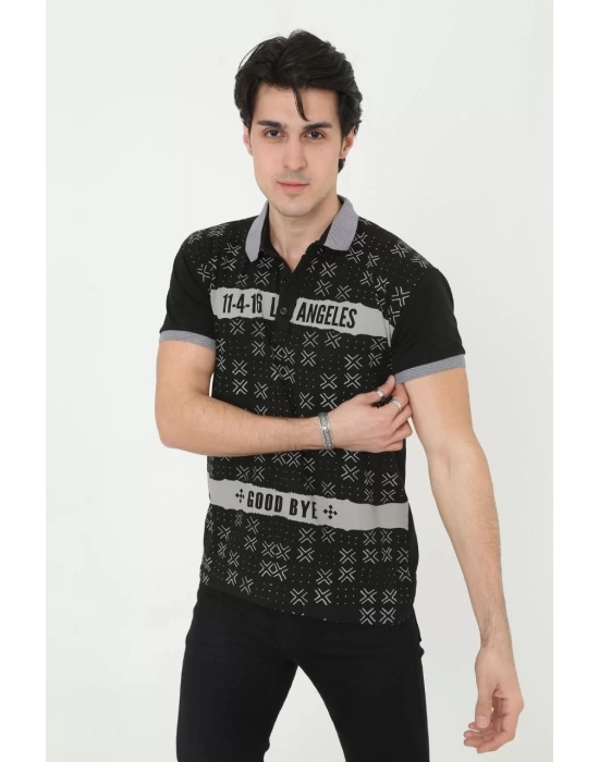 Erkek Yakalı Slim Fit Baskılı T-Shirt - Siyah