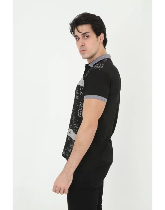 Erkek Yakalı Slim Fit Baskılı T-Shirt - Siyah