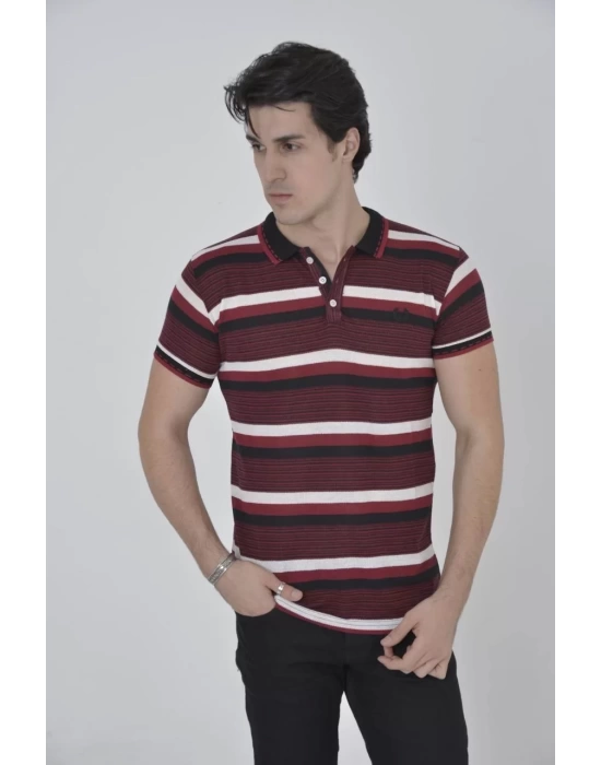 Erkek Yakalı Slim Fit Dokuma Çizgili T-Shirt - Bordo