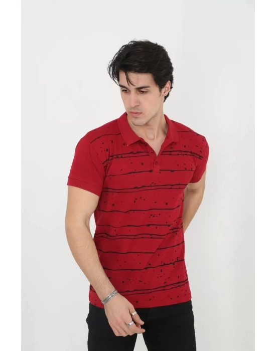 Erkek Yakalı Slim Fit Pike Çizgili T-Shirt - Kırmızı