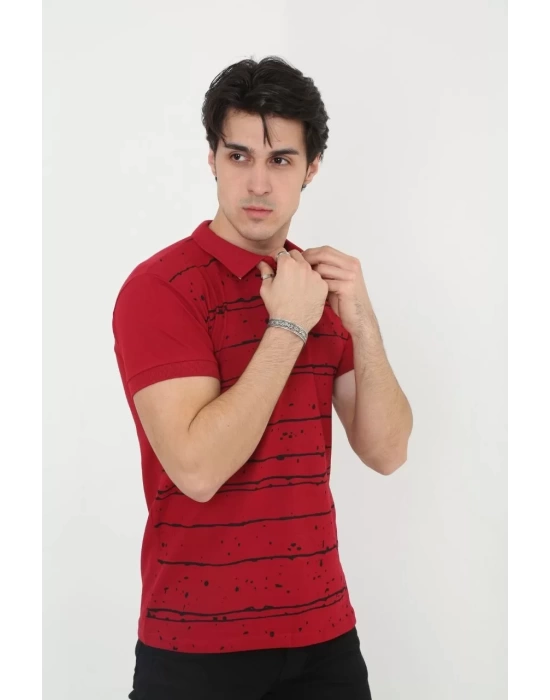 Erkek Yakalı Slim Fit Pike Çizgili T-Shirt - Kırmızı