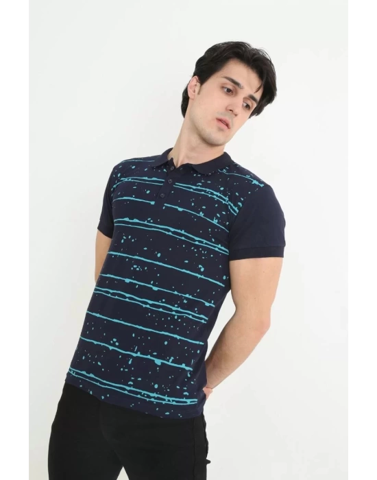 Erkek Yakalı Slim Fit Pike Çizgili T-Shirt - Lacivert