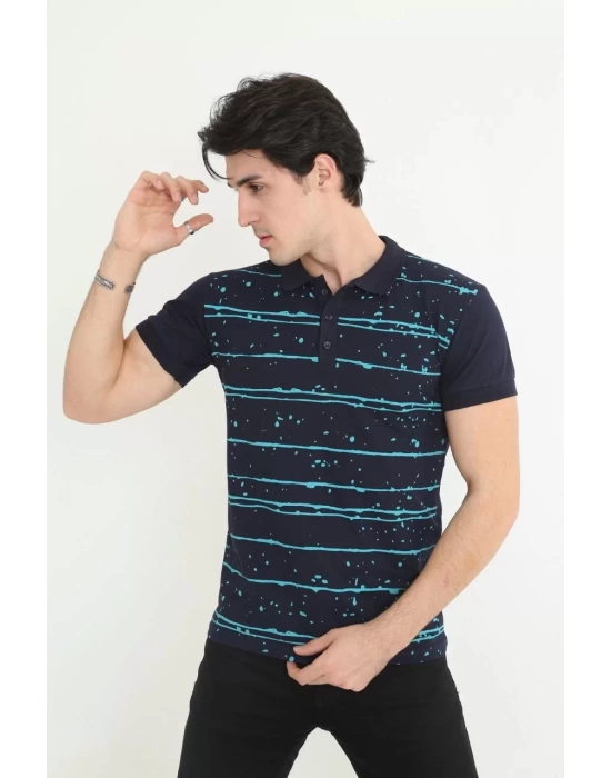 Erkek Yakalı Slim Fit Pike Çizgili T-Shirt - Lacivert