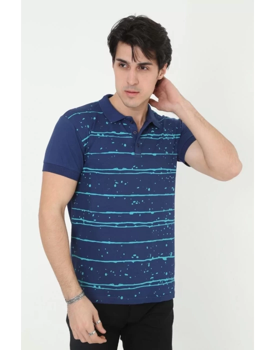 Erkek Yakalı Slim Fit Pike Çizgili T-Shirt - Mavi