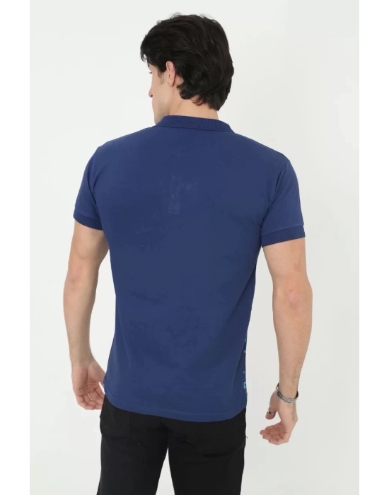 Erkek Yakalı Slim Fit Pike Çizgili T-Shirt - Mavi