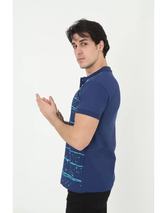 Erkek Yakalı Slim Fit Pike Çizgili T-Shirt - Mavi