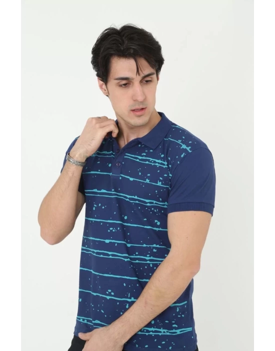 Erkek Yakalı Slim Fit Pike Çizgili T-Shirt - Mavi