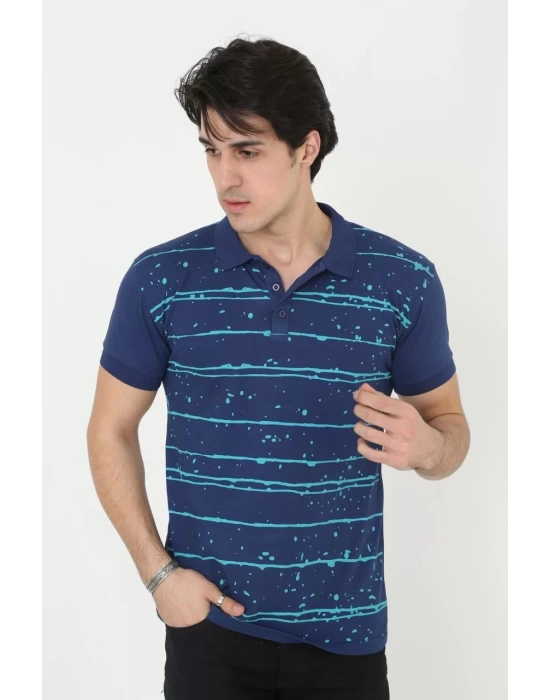 Erkek Yakalı Slim Fit Pike Çizgili T-Shirt - Mavi