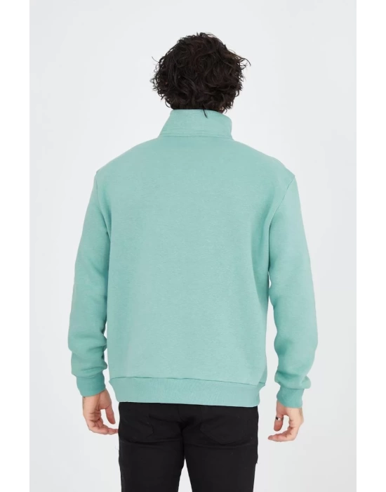 Erkek Yarım Fermuarlı Baskılı Sweat - Mint Yeşili