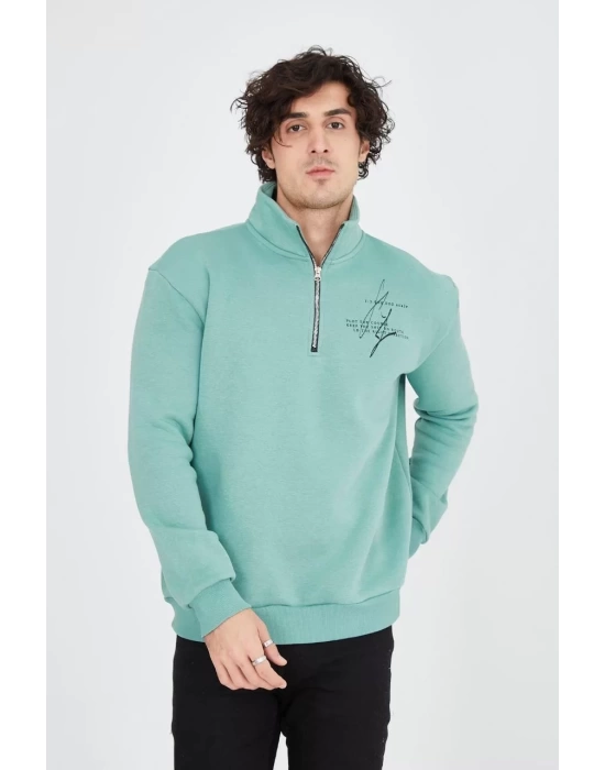 Erkek Yarım Fermuarlı Baskılı Sweat - Mint Yeşili