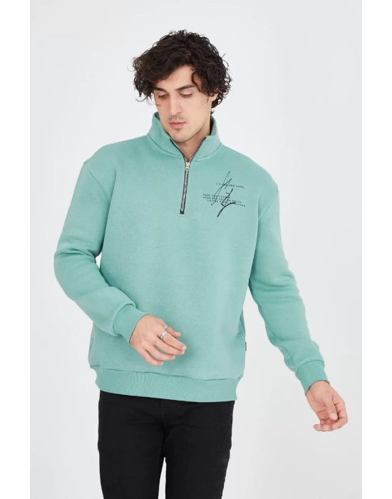 Erkek Yarım Fermuarlı Baskılı Sweat - Mint Yeşili