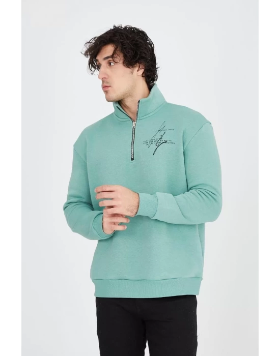 Erkek Yarım Fermuarlı Baskılı Sweat - Mint Yeşili