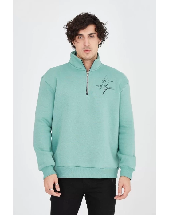 Erkek Yarım Fermuarlı Baskılı Sweat - Mint Yeşili