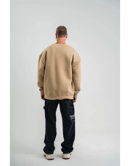 Geniş V yaka Kol Ribana Detaylı SweatShirt - Bej