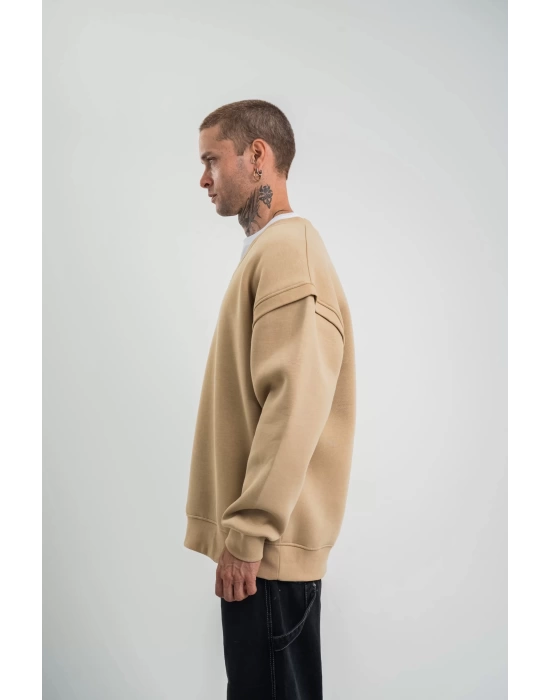 Geniş V yaka Kol Ribana Detaylı SweatShirt - Bej