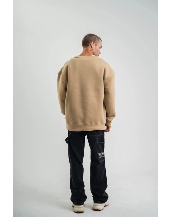 Geniş V yaka Kol Ribana Detaylı SweatShirt - Bej