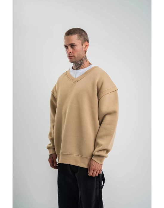 Geniş V yaka Kol Ribana Detaylı SweatShirt - Bej