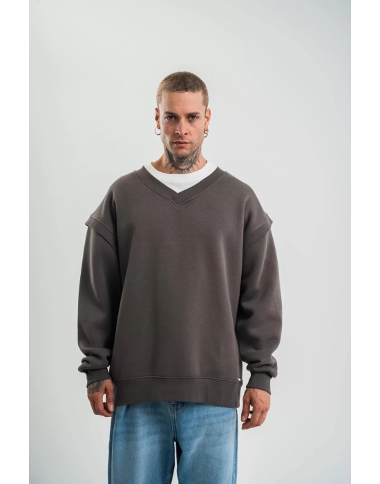 Geniş V yaka Kol Ribana Detaylı SweatShirt - Füme