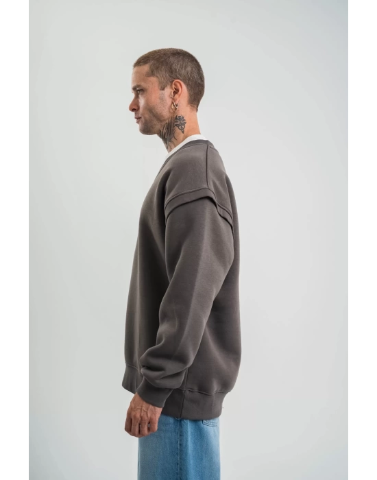 Geniş V yaka Kol Ribana Detaylı SweatShirt - Füme