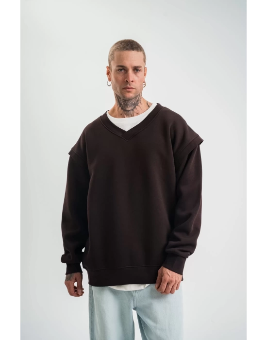 Geniş V yaka Kol Ribana Detaylı SweatShirt - Kahve