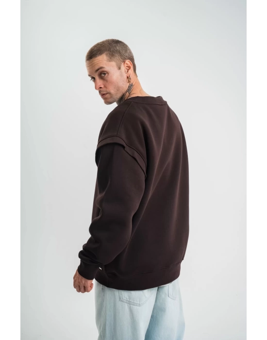 Geniş V yaka Kol Ribana Detaylı SweatShirt - Kahve