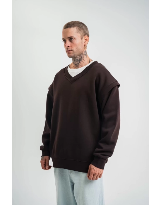 Geniş V yaka Kol Ribana Detaylı SweatShirt - Kahve