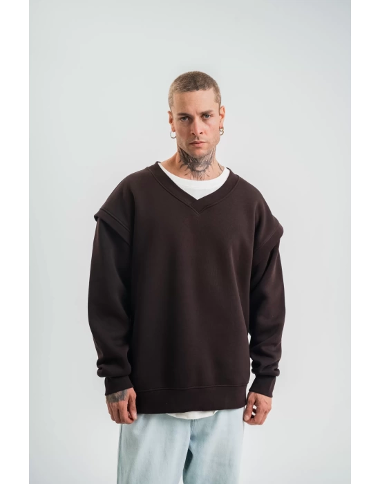 Geniş V yaka Kol Ribana Detaylı SweatShirt - Kahve