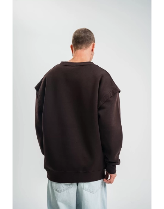 Geniş V yaka Kol Ribana Detaylı SweatShirt - Kahve