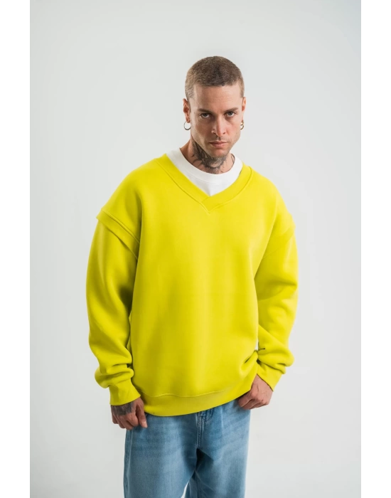 Geniş V yaka Kol Ribana Detaylı SweatShirt - Sarı