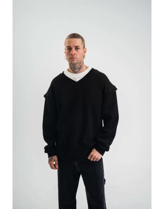 Geniş V yaka Kol Ribana Detaylı SweatShirt - Siyah