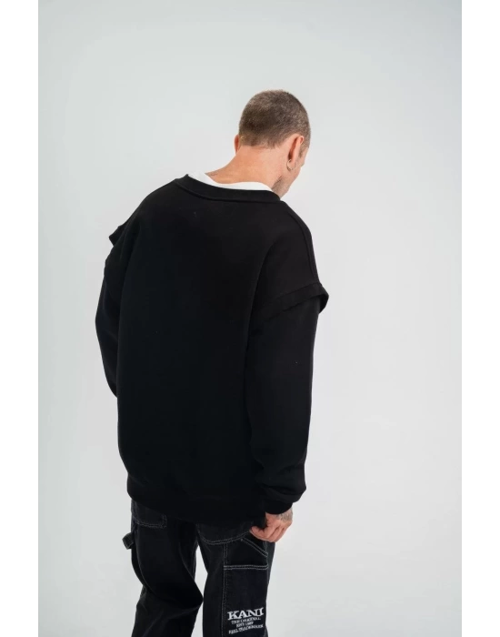 Geniş V yaka Kol Ribana Detaylı SweatShirt - Siyah