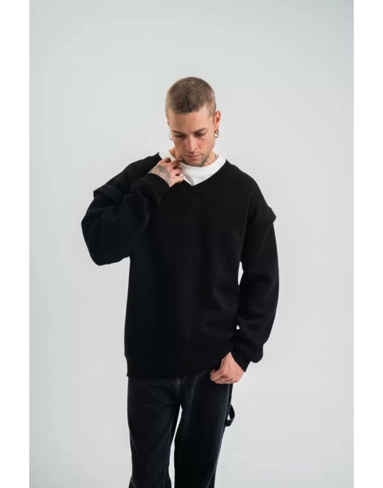 Geniş V yaka Kol Ribana Detaylı SweatShirt - Siyah